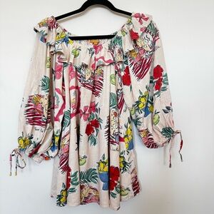 VRGK Size 6 Off Shoulder Barcelona Print Dress Ruffle Tropical Boho Linen Blend
